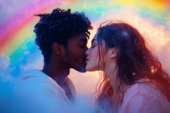 Deux personnes s'embrassant tendrement dans une lumière colorée