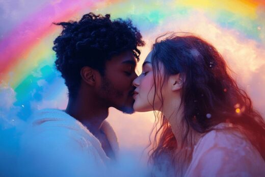 Deux personnes s'embrassant tendrement dans une lumière colorée