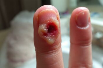 Gros plan sur un doigt rouge et enflé avec une blessure