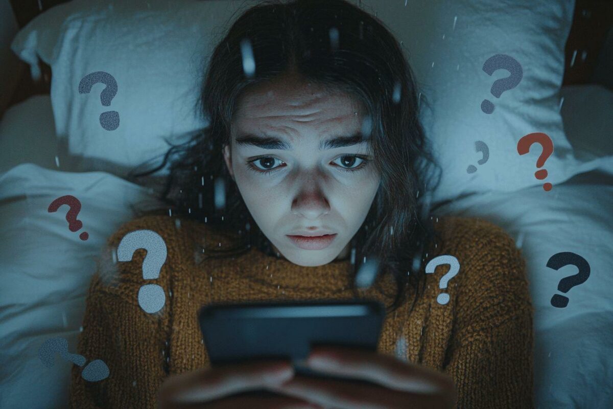 Femme anxieuse regardant son smartphone, entourée de points d'interrogation