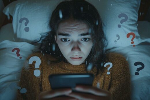 Femme anxieuse regardant son smartphone, entourée de points d'interrogation