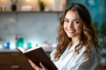 Jeune femme souriante tenant un livre dans un intérieur lumineux