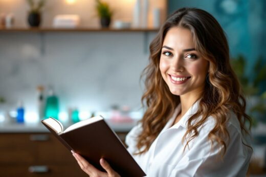 Jeune femme souriante tenant un livre dans un intérieur lumineux