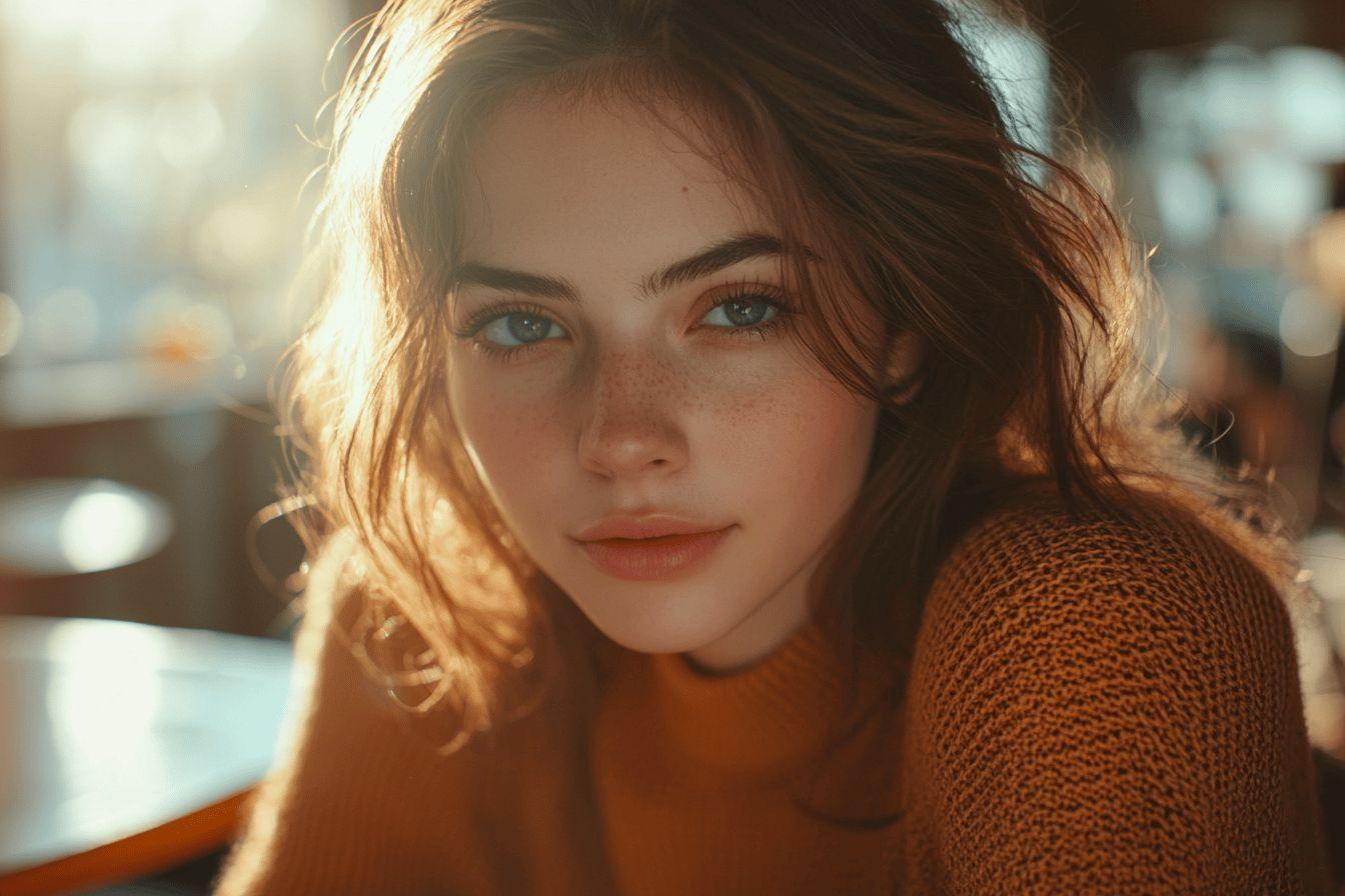 Portrait de femme aux cheveux bouclés, éclairée par la lumière