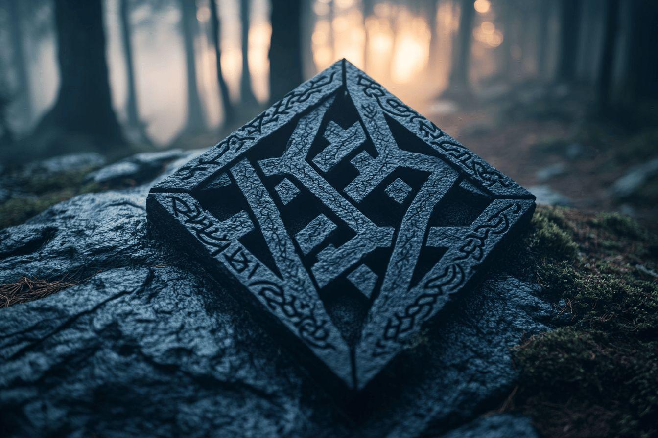 Pierre gravée de runes dans une forêt brumeuse au petit matin