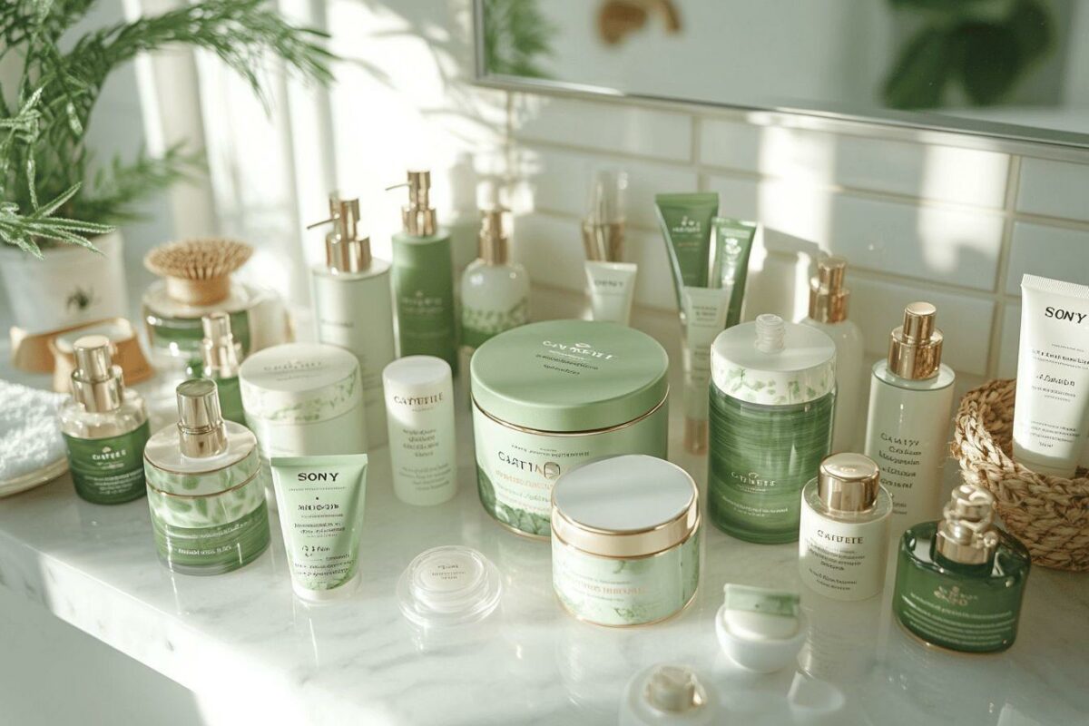 Ensemble de flacons et pots de cosmétiques verts et blancs sur tablette