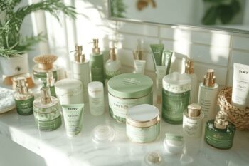 Ensemble de flacons et pots de cosmétiques verts et blancs sur tablette