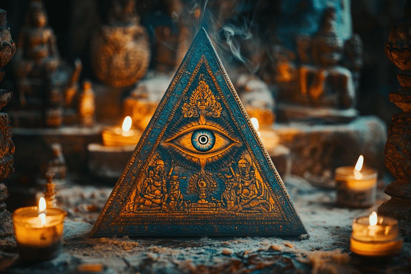 Pyramide symbolique avec œil central entouré de bougies