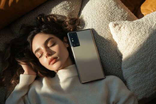 Jeune personne endormie près d'un smartphone argenté