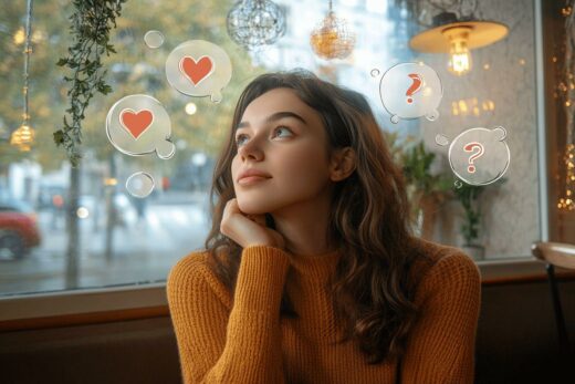 Jeune femme pensive dans un pull orange, entourée de bulles émotionnelles