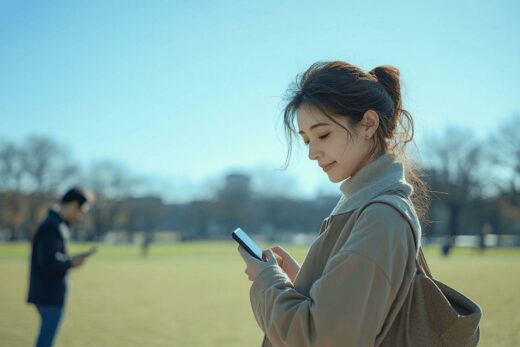 Femme en pull consulte son smartphone dans un parc