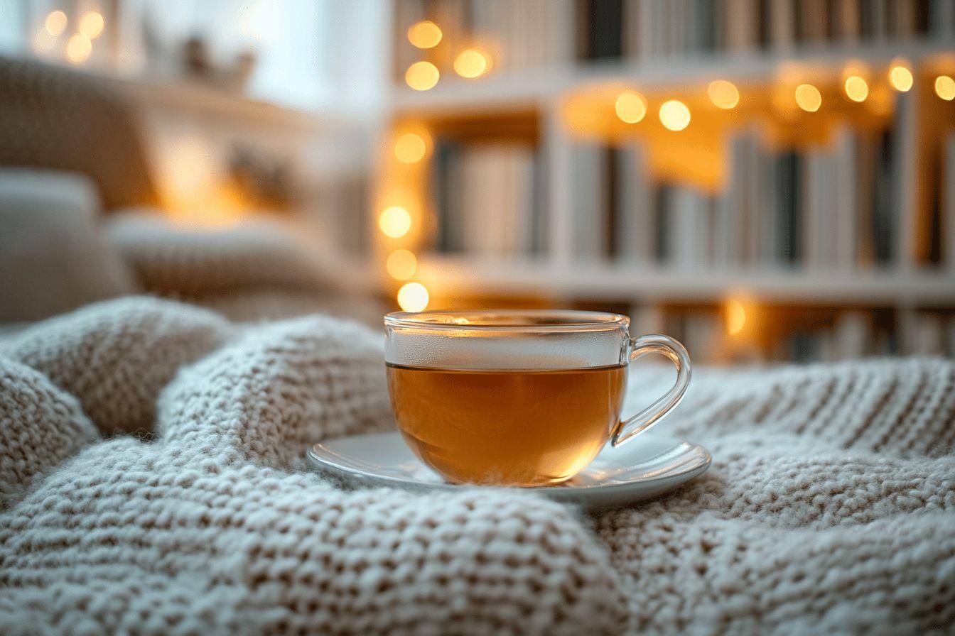 Tasse de thé sur plaid tricoté avec lumières douces