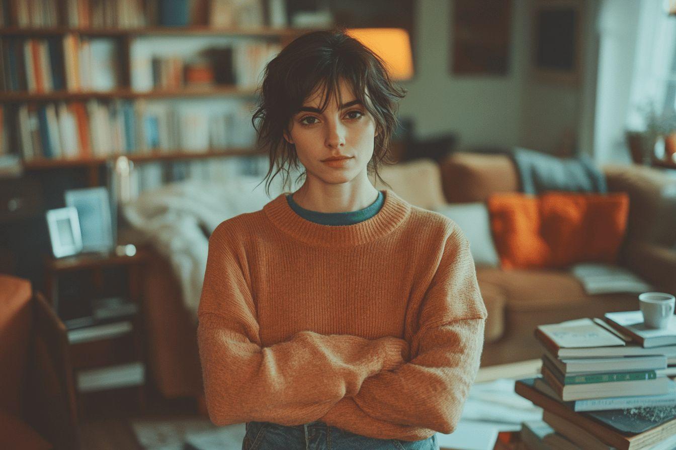 Jeune femme en pull orange, bras croisés, entourée de livres