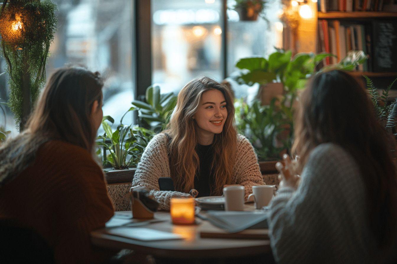 Trois amies autour d'une table avec des tasses et des plantes