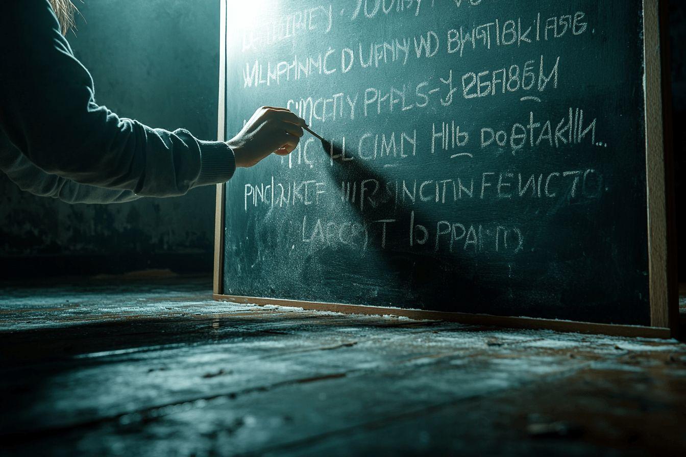 Main écrivant des mots cryptiques sur un tableau vert sombre