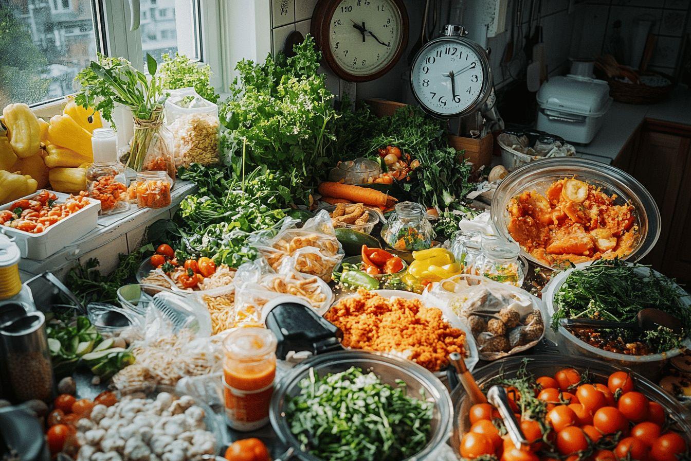 Table de cuisine encombrée de légumes, herbes et préparations