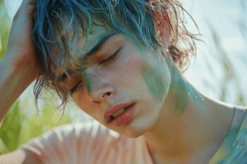 Portrait d'un jeune individu aux cheveux bleus, regard baissé