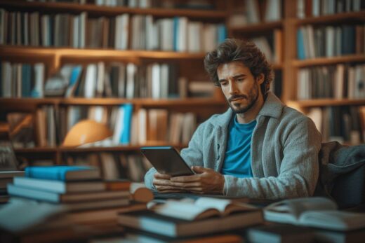 Homme avec liseuse numérique entouré de livres en bibliothèque
