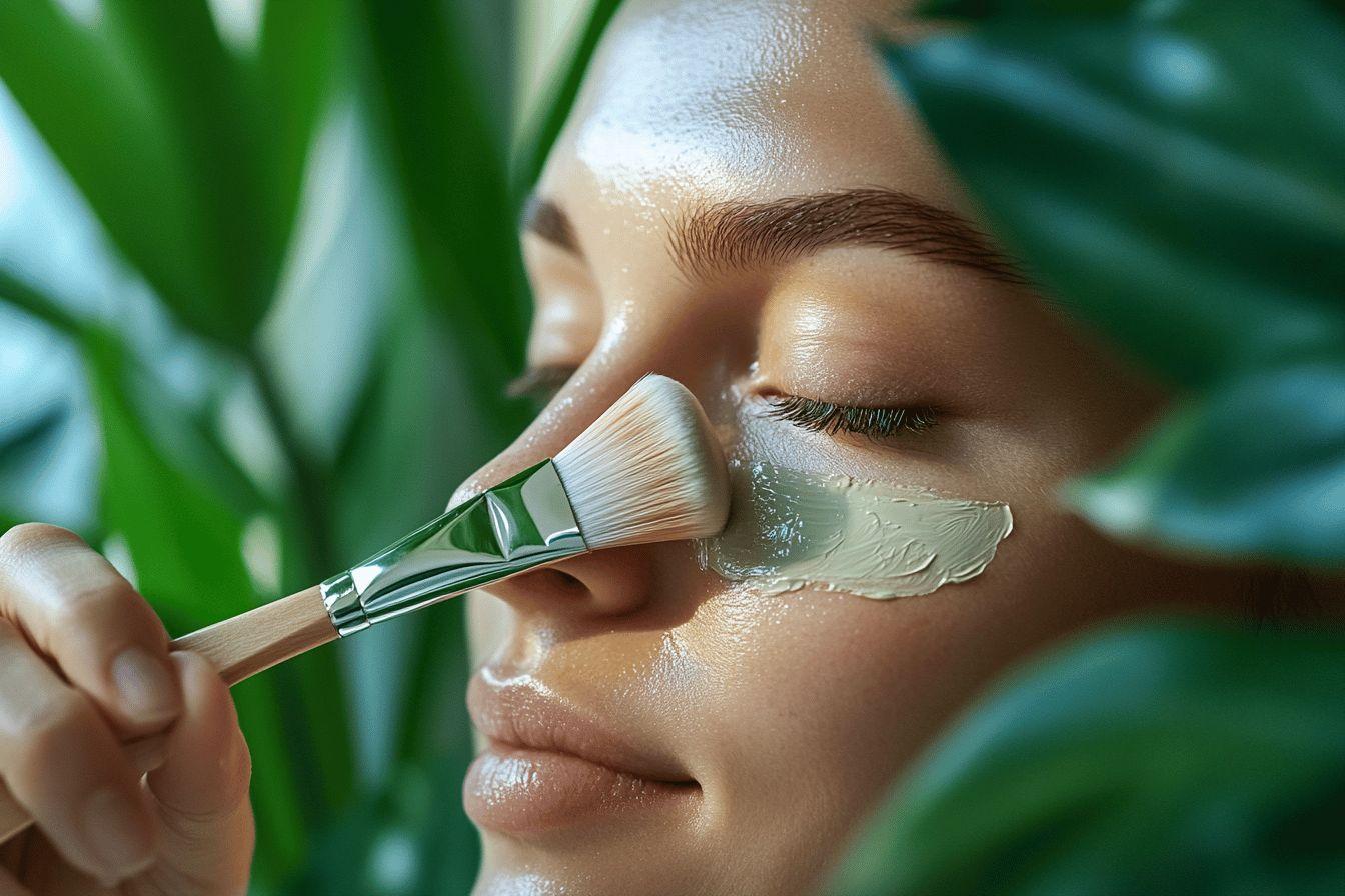 Femme appliquant un masque facial vert avec un pinceau