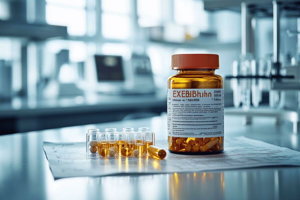 Bouteille de pilules et flacons sur une surface de laboratoire