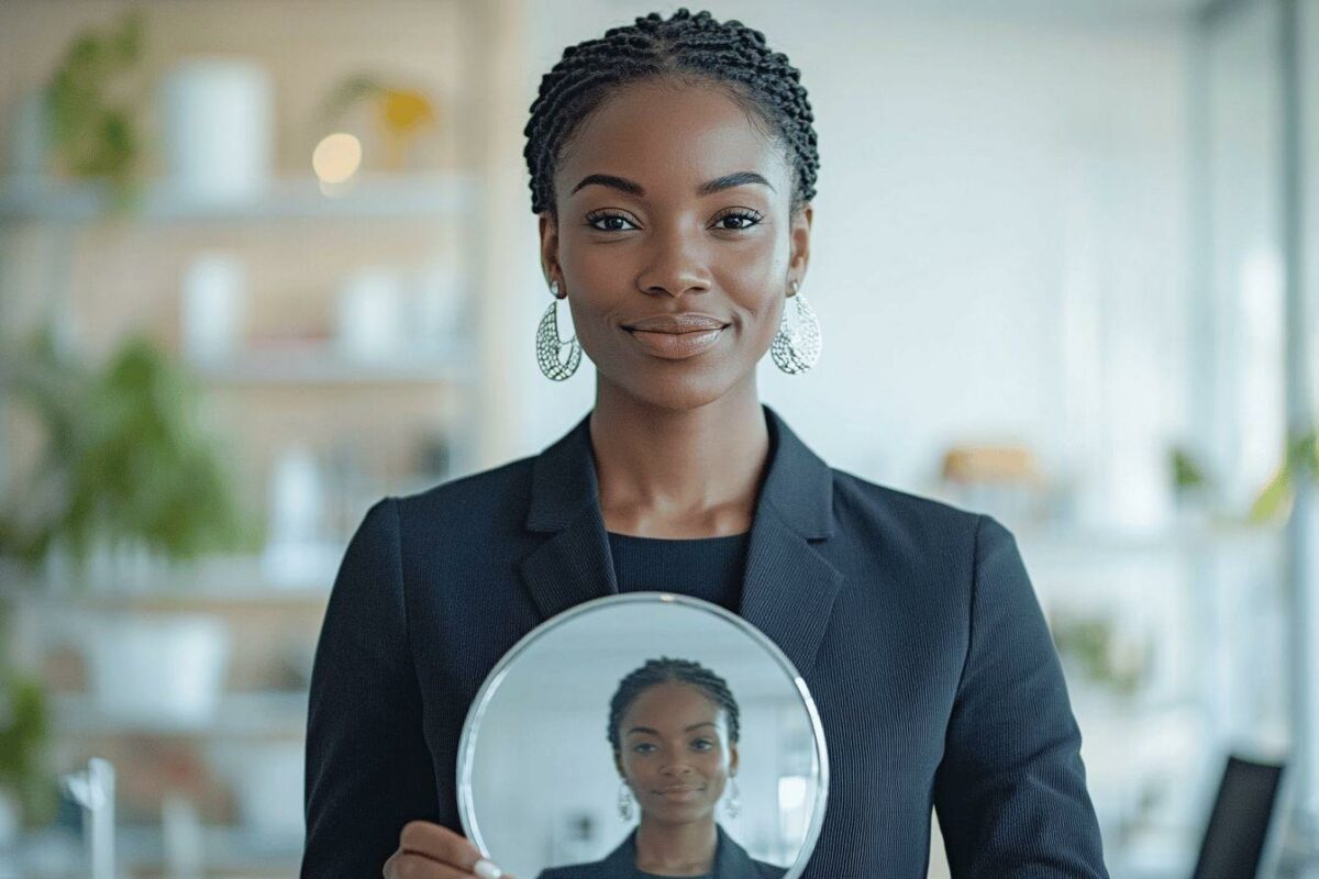 Femme d'affaires élégante tenant un miroir rond