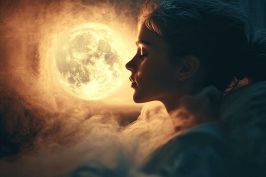 Profil méditatif près d'une lune brillante dans des nuages