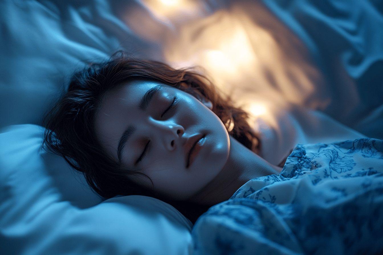 Personne endormie dans un lit bleu la nuit