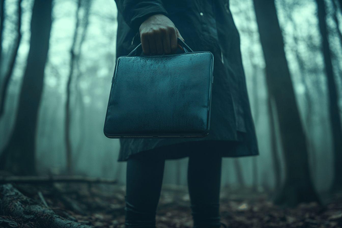 Main tenant une mallette sombre dans une forêt brumeuse