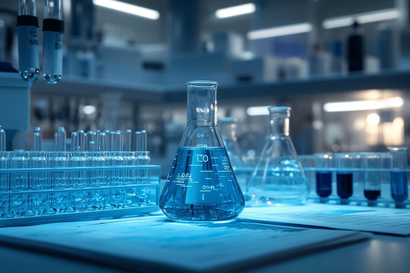 Flacons et tubes à essai bleus dans un laboratoire scientifique