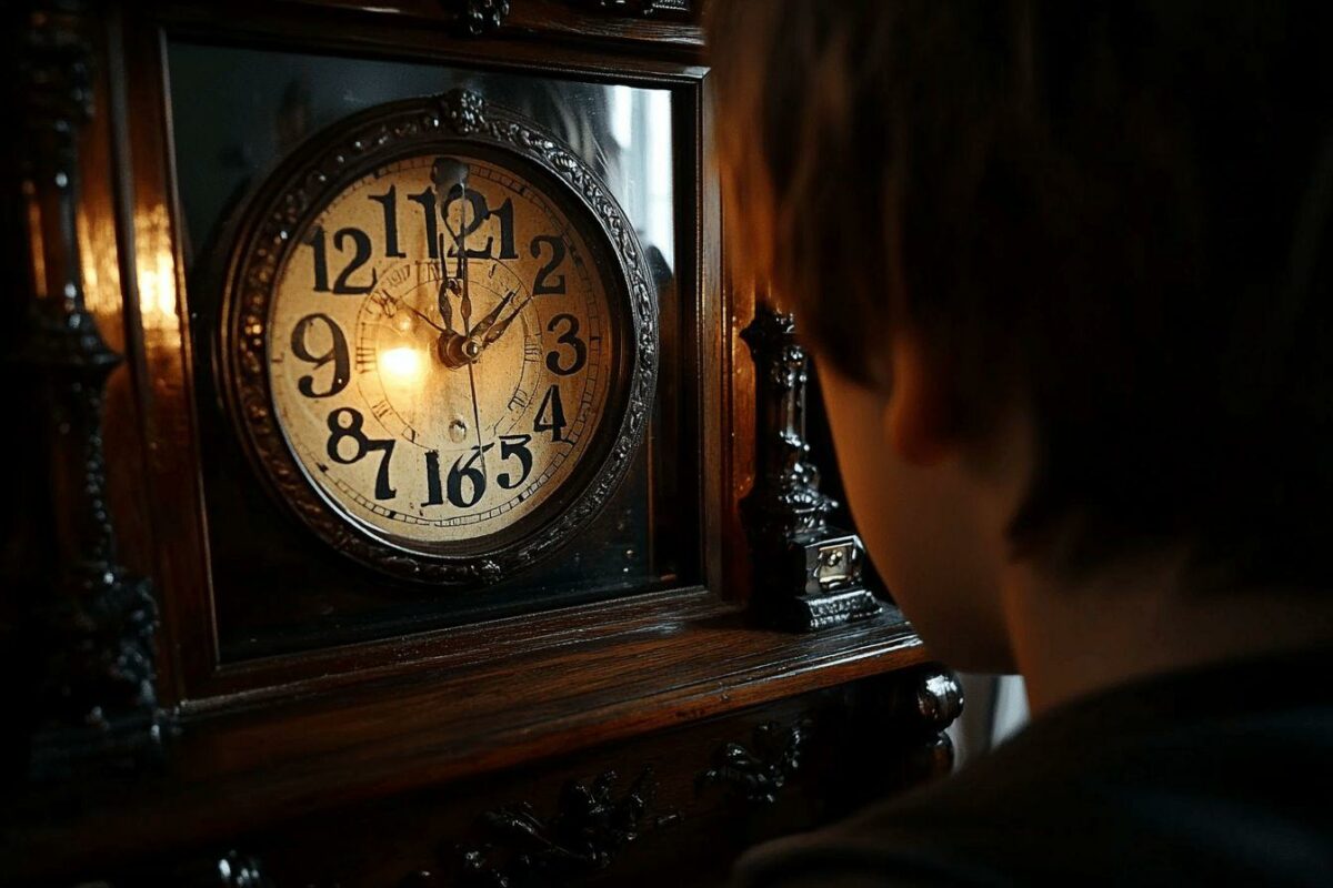 Horloge antique en bois avec cadran éclairé par une lumière dorée